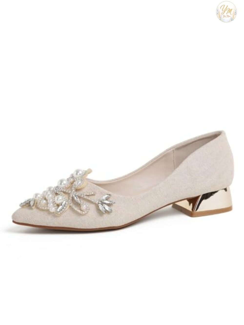 Rhinestone Pearl Pointed Toe Low Heel Dress Pumps